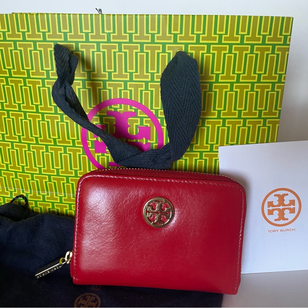 Tory Burch Cherry Red Leather Wallet with Gold Accent